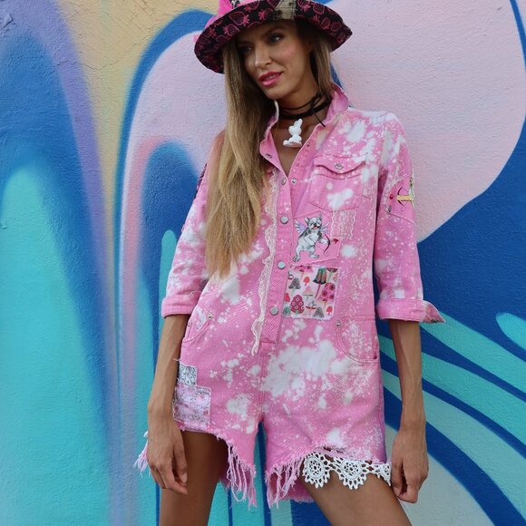 Ivana Ruzzo Pants - Concept Streetwear Upcycled Couture Maxi Hot Pink Romper/Jumpsuit Boho Chic